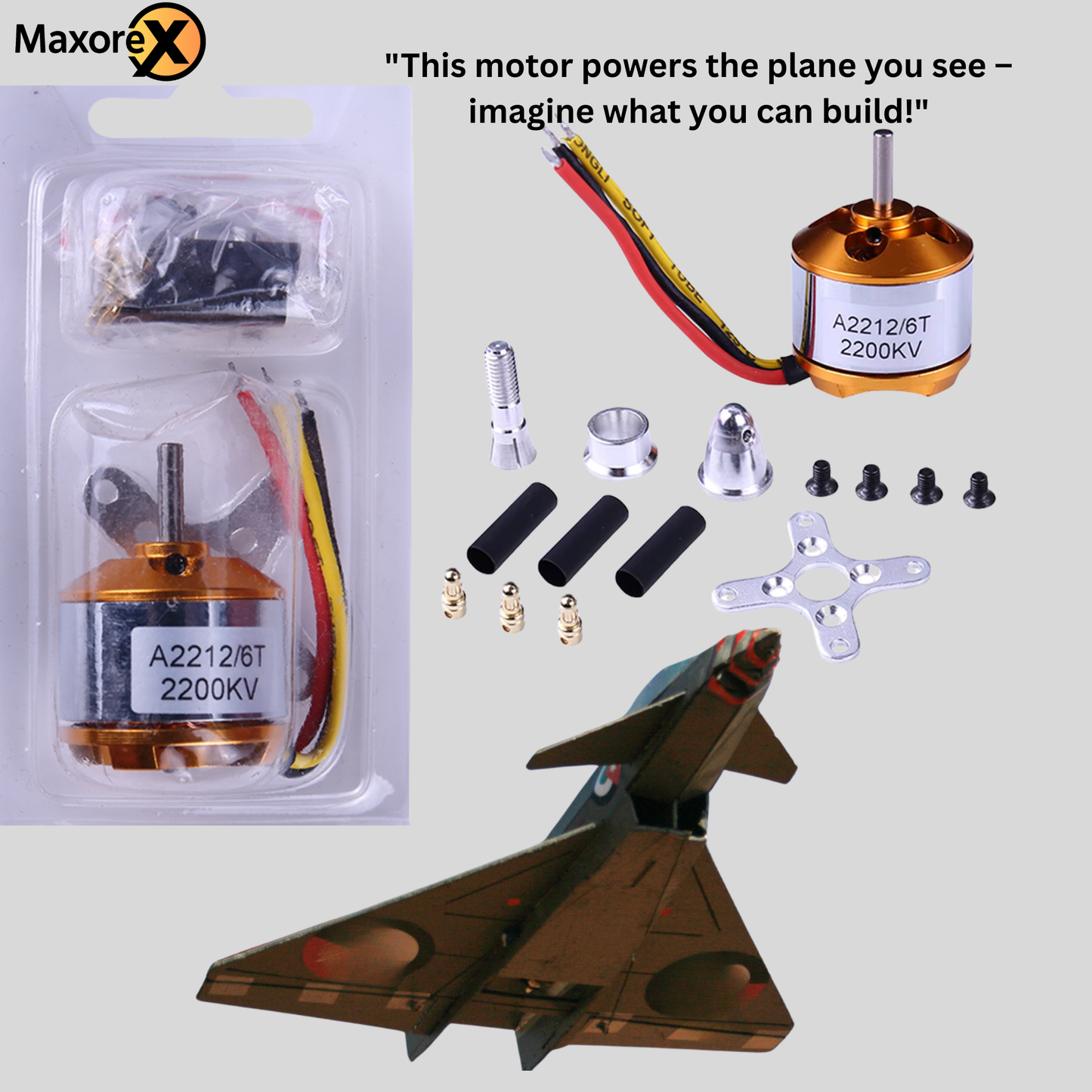 DIY RC Plane Kit – A2212 KV2200 Brushless Motor, Esc Brushless Motor Speed Controller,SG90 Servo, 6x4 Prop, TXT60 plug, Z-Wire, Motor Seat, Rudder Angle & Connector Protectors – Fixed-Wing Parts Set E