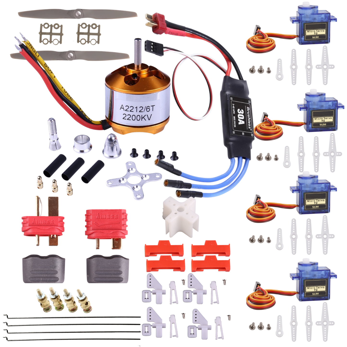 DIY RC Plane Kit – A2212 KV2200 Brushless Motor, Esc Brushless Motor Speed Controller,SG90 Servo, 6x4 Prop, TXT60 plug, Z-Wire, Motor Seat, Rudder Angle & Connector Protectors – Fixed-Wing Parts Set E