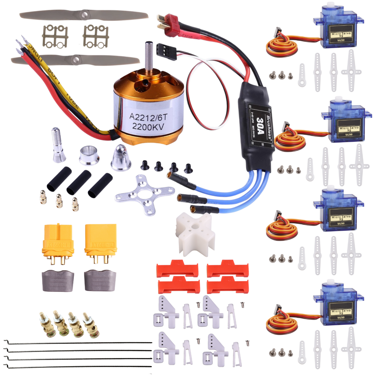 DIY RC Plane Kit – A2212 KV2200 Brushless Motor, Esc Brushless Motor Speed Controller,SG90 Servo, 6x4 Prop, TXT60 plug, Z-Wire, Motor Seat, Rudder Angle & Connector Protectors – Fixed-Wing Parts Set E
